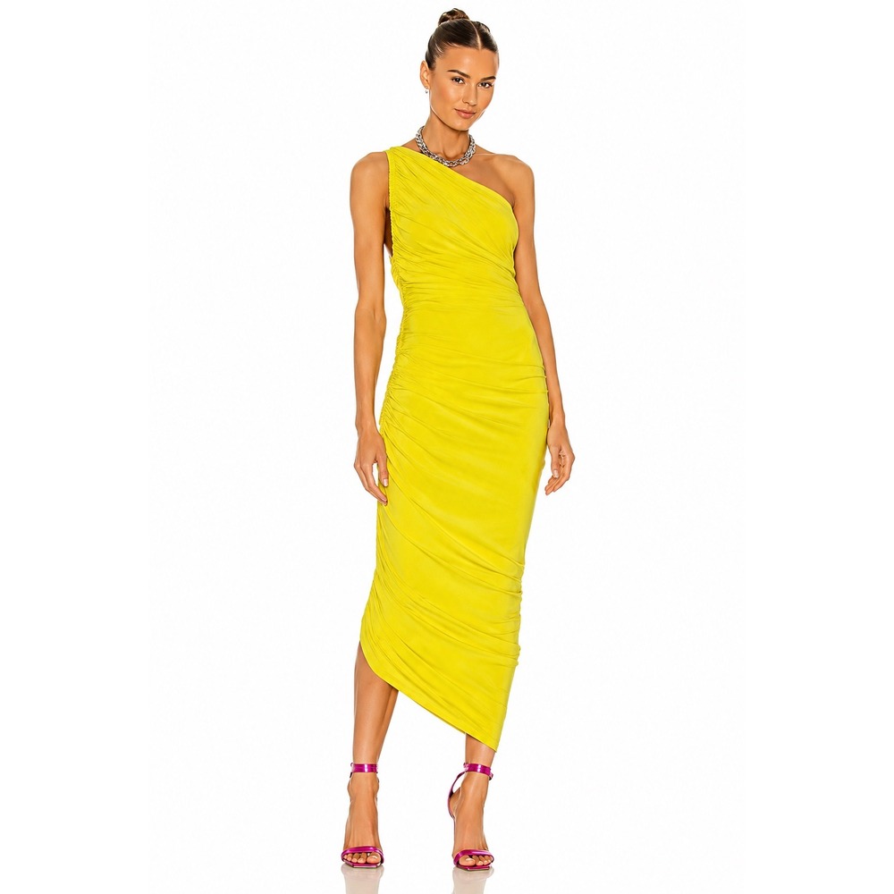 Norma Kamali Diana One Shoulder Ruched Asymmetric Gown Neon Yellow Size M